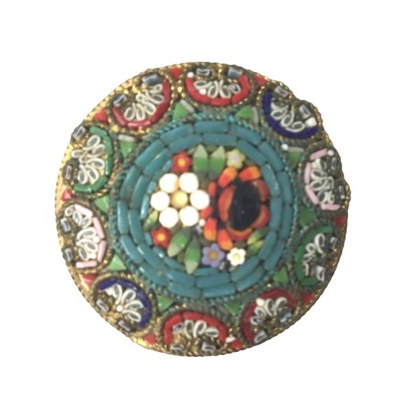 Vintage Italian Micro Mosaic Brooch Floral Round Millefiori Pin Italy Gold-Tone - Picture 1 of 10